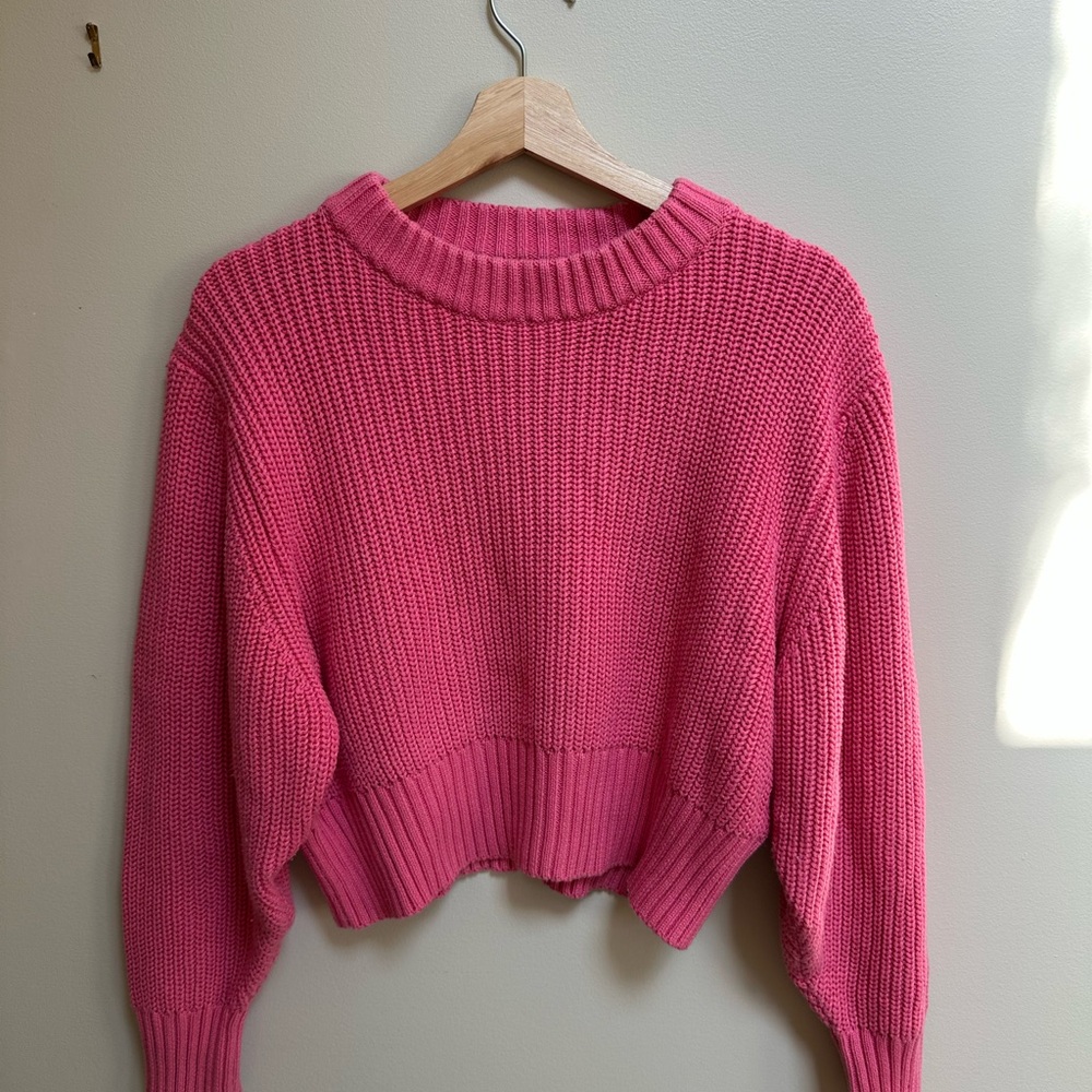 Cotton Candy Vibrant Pink Cropped Crew Neck Sweater